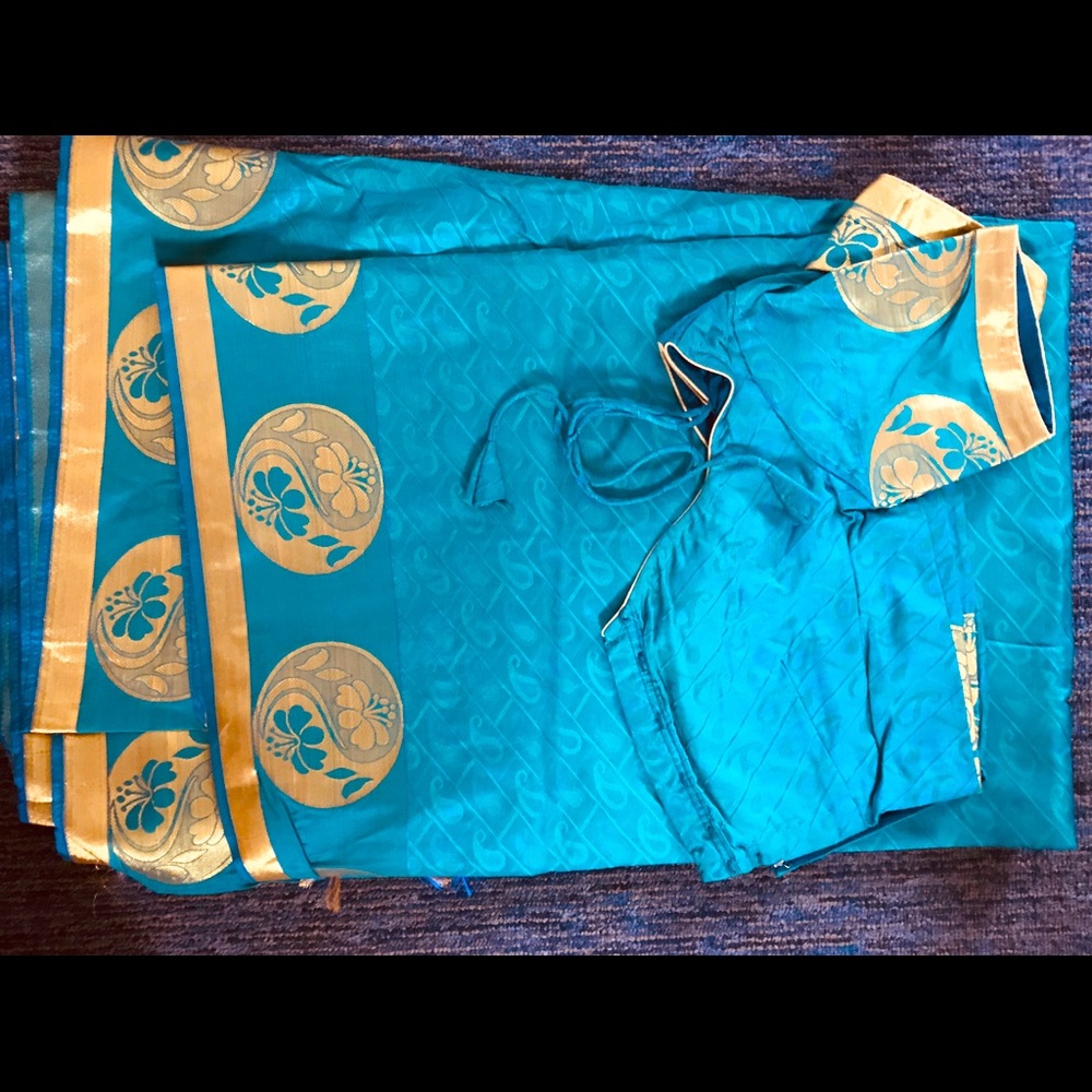 Turquoise and Gold Silk Sari and Blouse
